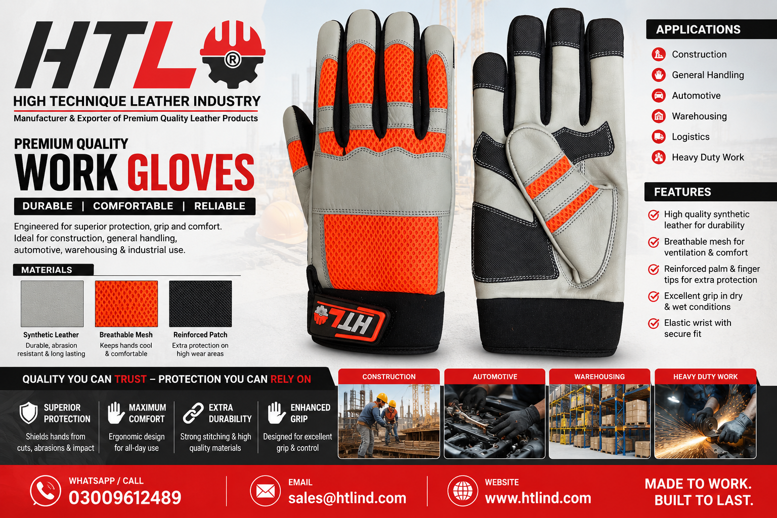 Premium Leather Mechanic Work Gloves Manufacturer in Pakistan