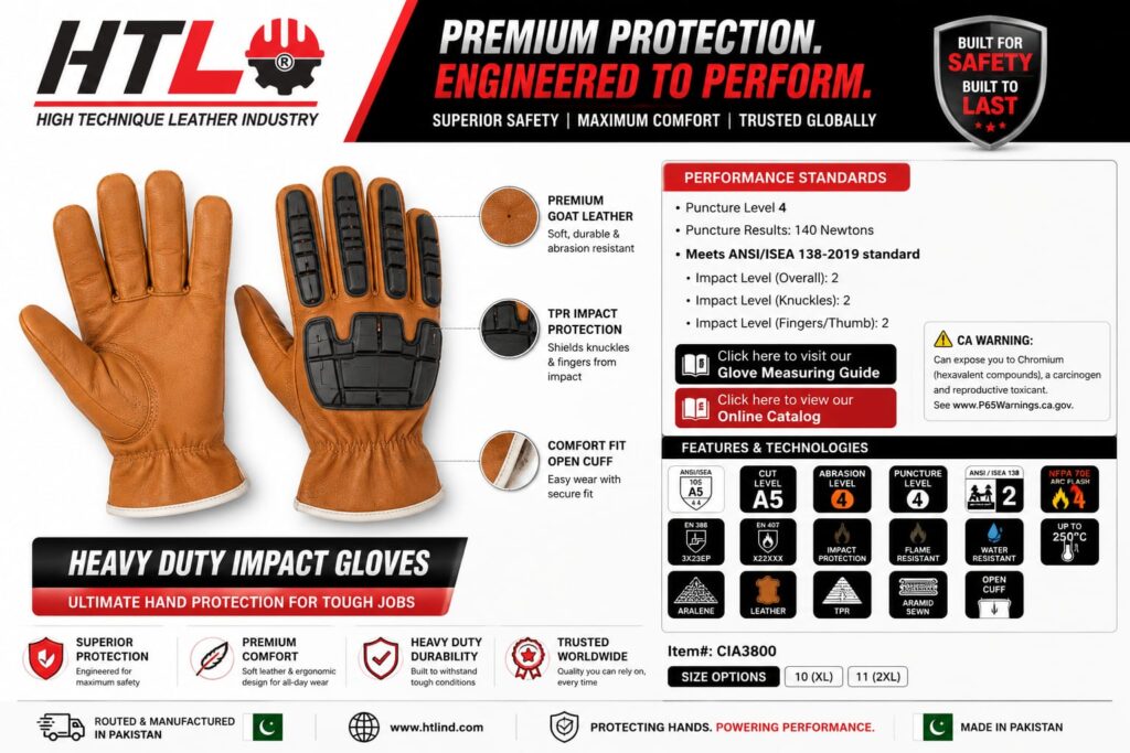 Goat Brown Leather Impact Gloves Cut Level 5 Kevlar Lined Anti Vibration Oil and Gas Field with Mechanic work