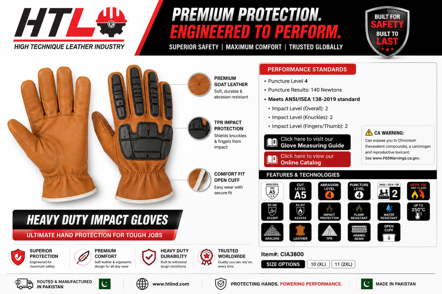 Goat Brown Leather Impact Gloves Cut Level 5 Kevlar Lined Anti Vibration Oil and Gas Field with Mechanic work